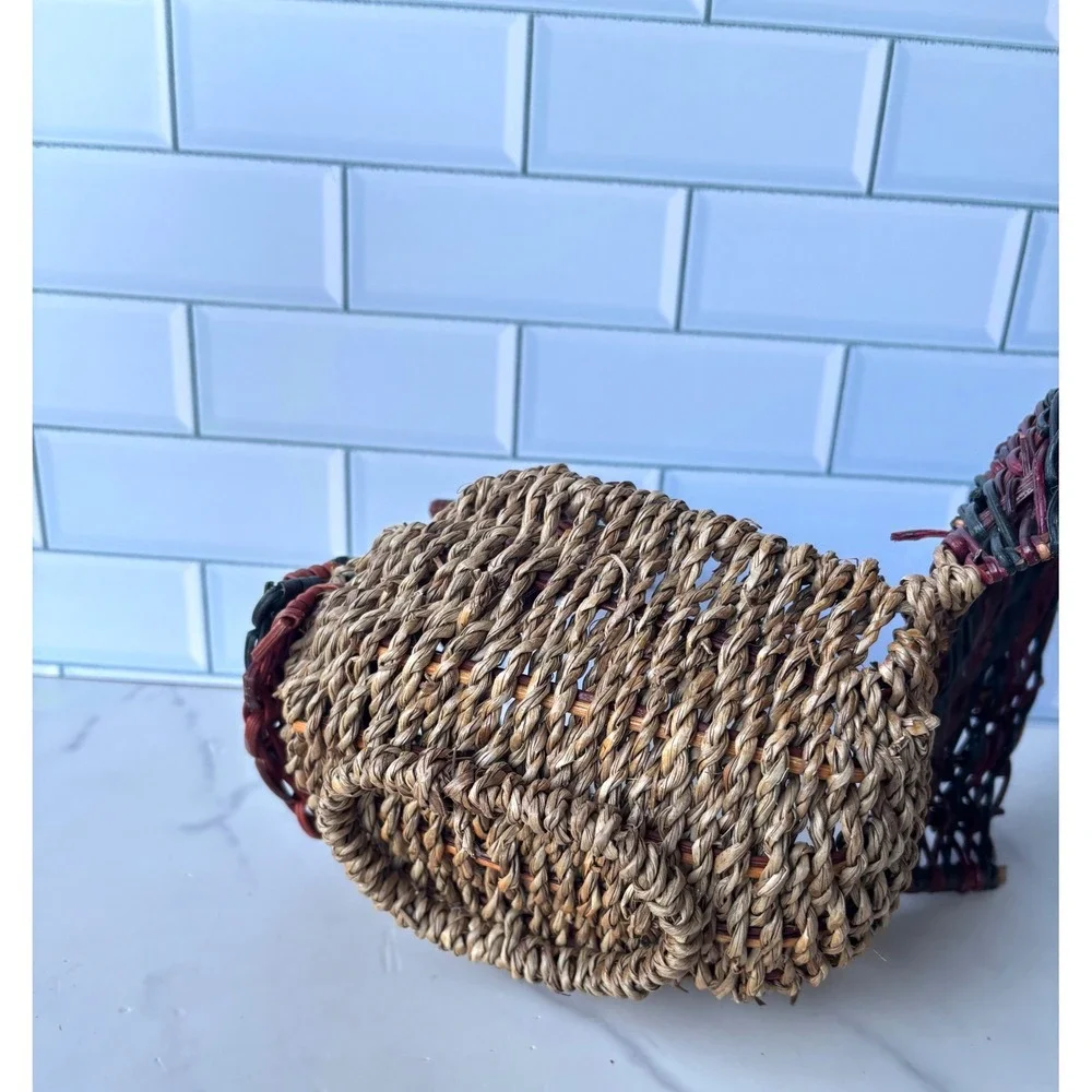 Vintage Woven Wicker Turkey Basket Thanksgiving Decor Centerpiece Multicolored